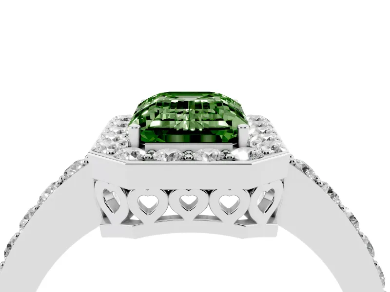 Fancy Green Emerald Cut Diamond Halo Ring Set in White gold with Pavé-Setting Band and Open Prong Center