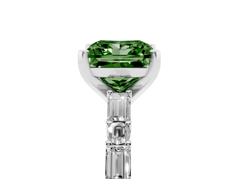 Fancy Green Princess Cut Diamond Solitaire Set in Silver with Side Baguettes and Channel Set Band