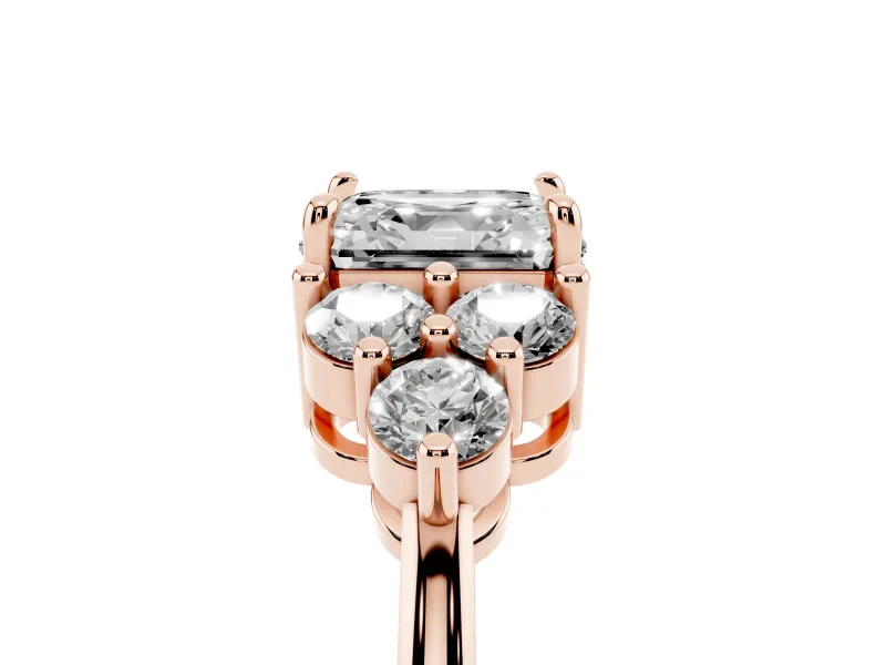 Asscher Cut Diamond Solitaire Ring Set in Rose gold with Cluster Accents on Each Side
