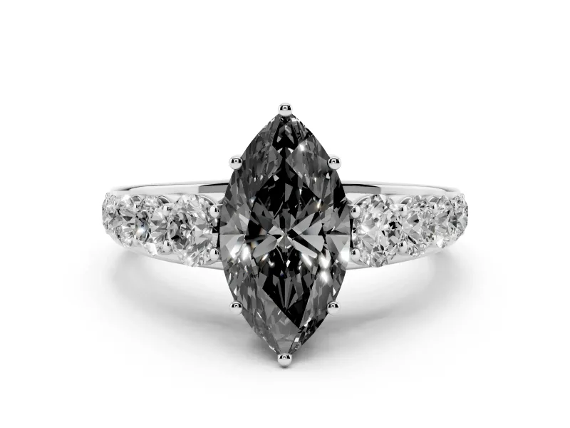 Fancy Black Marquise Cut Diamond Solitaire Ring Set in White gold with Pavé-Set Band and Prong Setting