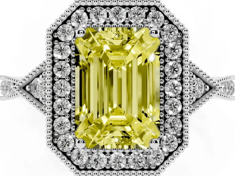 Fancy Yellow Emerald Cut Diamond Halo Engagement Ring Set in White gold with Milgrain Pavé Band