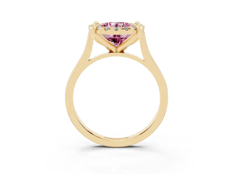 Round Halo Engagement Ring Setting for a Fancy Pink Lab-Grown Diamond | Claw Corners | Yellow Gold
