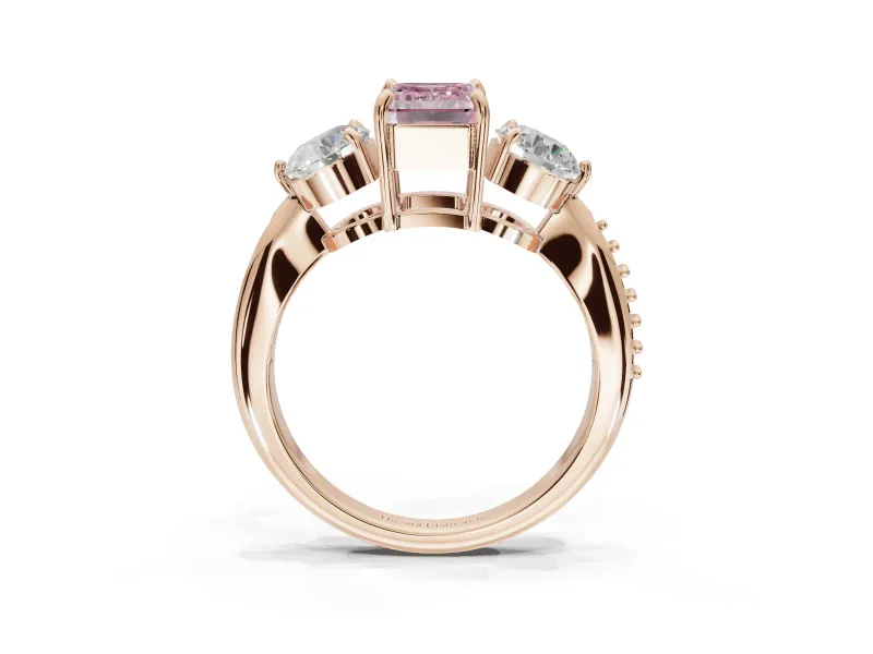 Emerald Cut Three Stone Engagement Ring Setting for a Fancy Pink Lab-Grown Diamond | Tapered Pave Band | Rose Gold