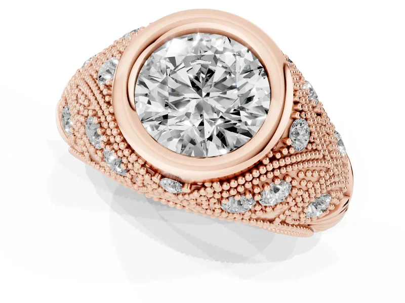 Round Vintage Bezel Engagement Ring Setting | Beaded Paisley Shoulders | Rose Gold