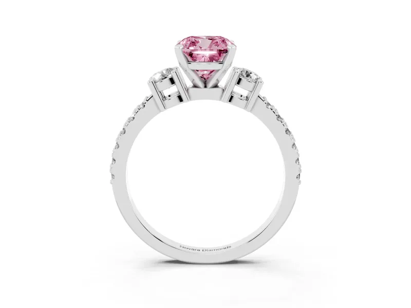 Fancy Pink Three-Stone Cushion Cut Diamond Pavé Band Ring Set in Silver with Prong Setting