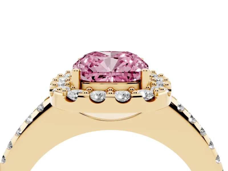 Cushion Cut Pave Halo Engagement Ring Setting for a Fancy Pink Lab-Grown Diamond | Pave Band | Yellow Gold