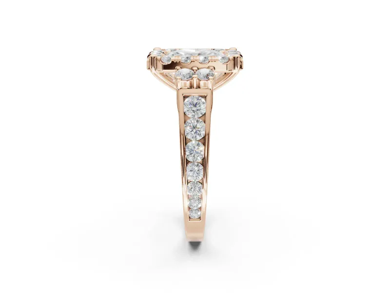 Radiant Cut Halo Side Cluster Engagement Ring Setting | Graduated Channel Band | Rose Gold