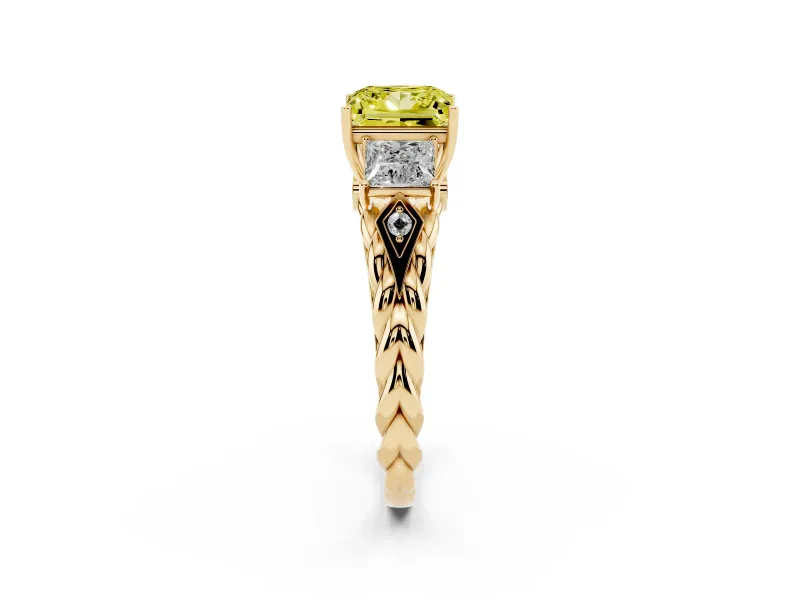 Fancy Yellow Princess Cut Diamond Three-Stone Ring Set in Yellow gold with Braided Band