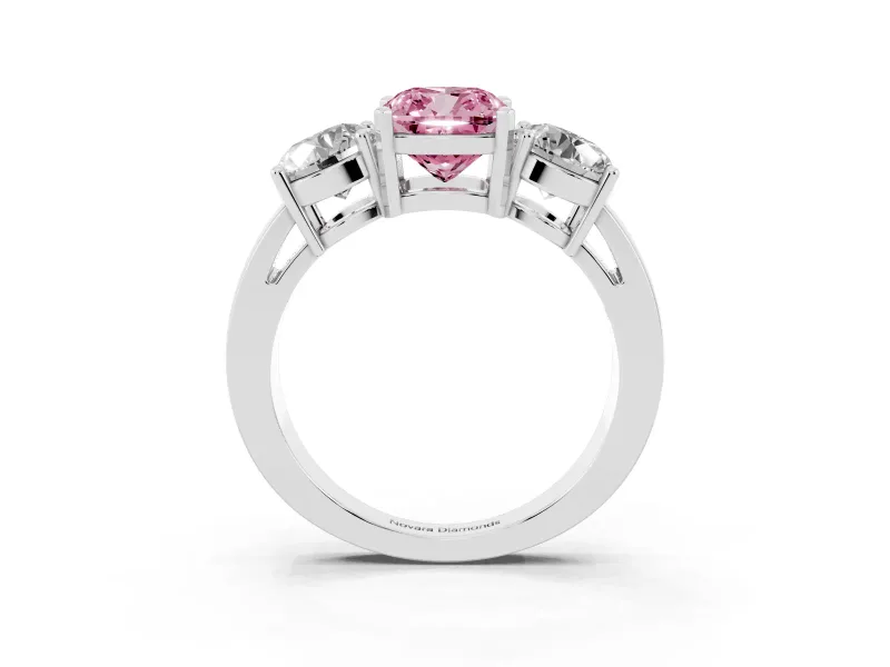 Cushion Cut Three Stone Engagement Ring Setting for a Fancy Pink Lab-Grown Diamond | Wide Plain Band | Platinum