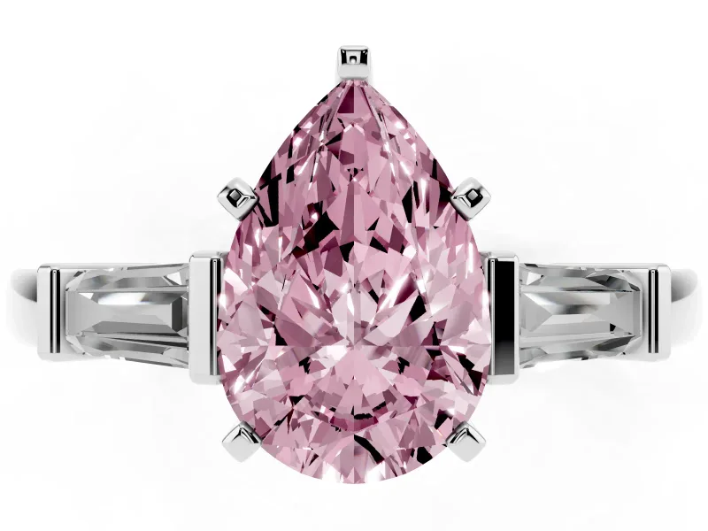 Fancy Pink Pear Cut Diamond Solitaire Ring Set in Platinum with Tapered Baguette Accents and Prong Setting
