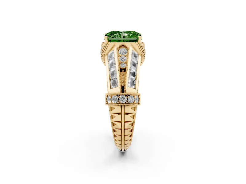Fancy Green Radiant Cut Diamond Vintage-Inspired Milgrain Ring Set in Yellow gold with Accent Split Shank