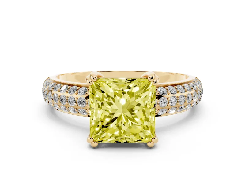 Fancy Yellow Princess Cut Diamond Solitaire Ring Set in Yellow gold with Multi-Row Round Pavé Band and Prong Setting