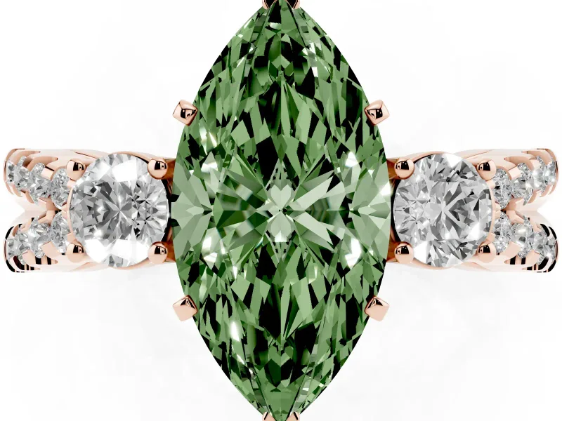 Fancy Green Marquise Cut Diamond Three-Stone Ring Set in Rose gold with Pavé Split Shank and Prong Setting