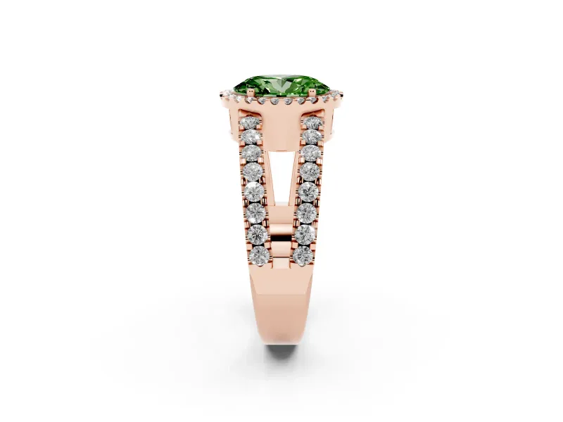 Fancy Green Oval Cut Diamond Halo Ring Set in Rose gold with Pavé Split Shank and Prong Setting