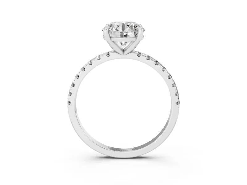 Round Cut Diamond Brilliant Solitaire Ring Set in Platinum with Pavé Band and Prong Setting