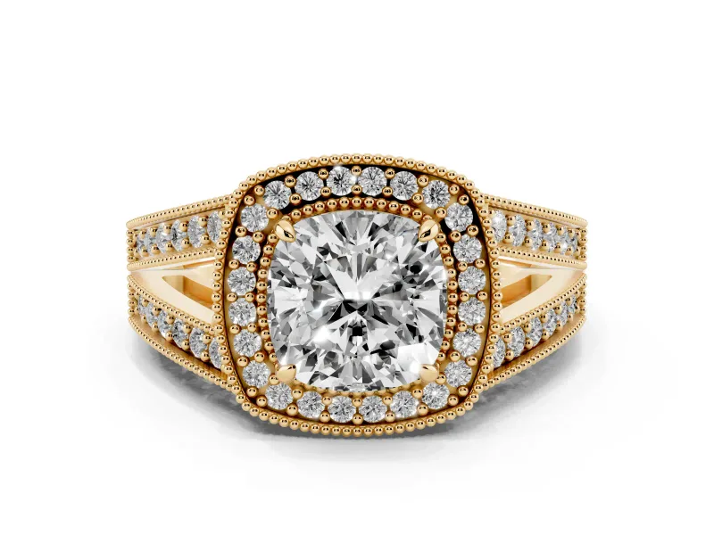 Cushion Cut Diamond Halo Ring Set in Yellow gold with Stone-Set Split Shank and Milgrain Edges