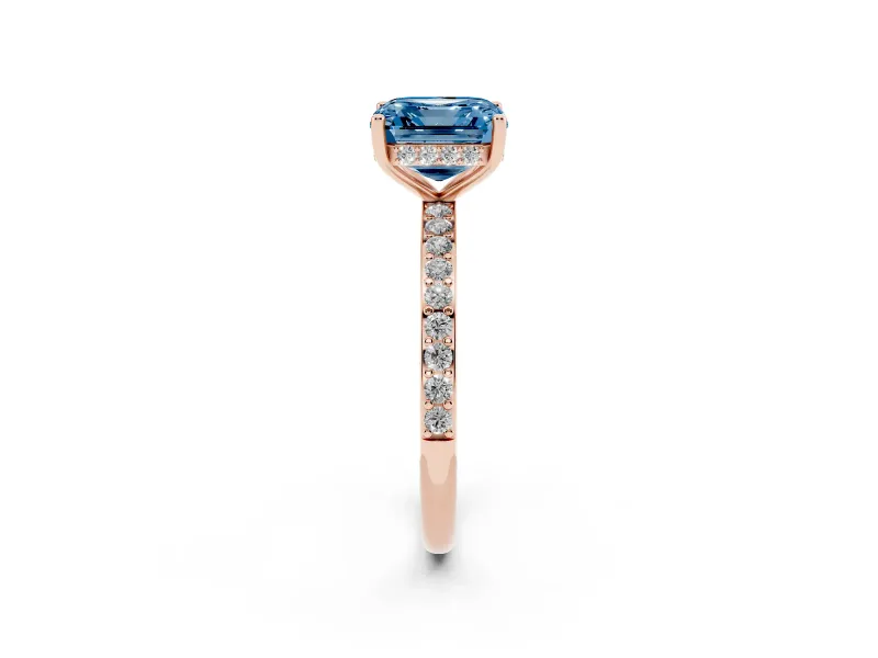 Fancy Blue Asscher Cut Diamond Pavé Band Ring Set in Rose gold with Prong-Set Center Stone