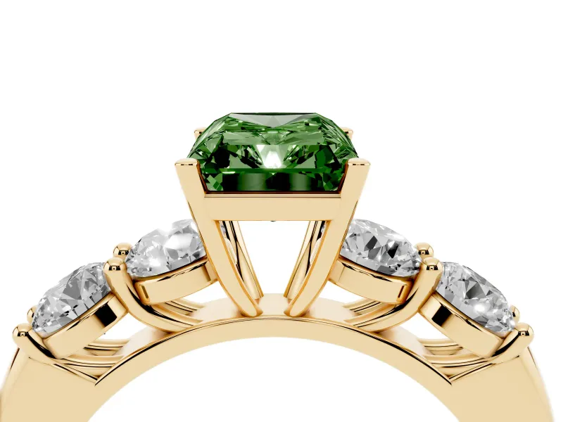 Radiant Cut Five Stone Engagement Ring Setting for a Fancy Green Lab-Grown Diamond | Prong Set Side Stones | Yellow Gold