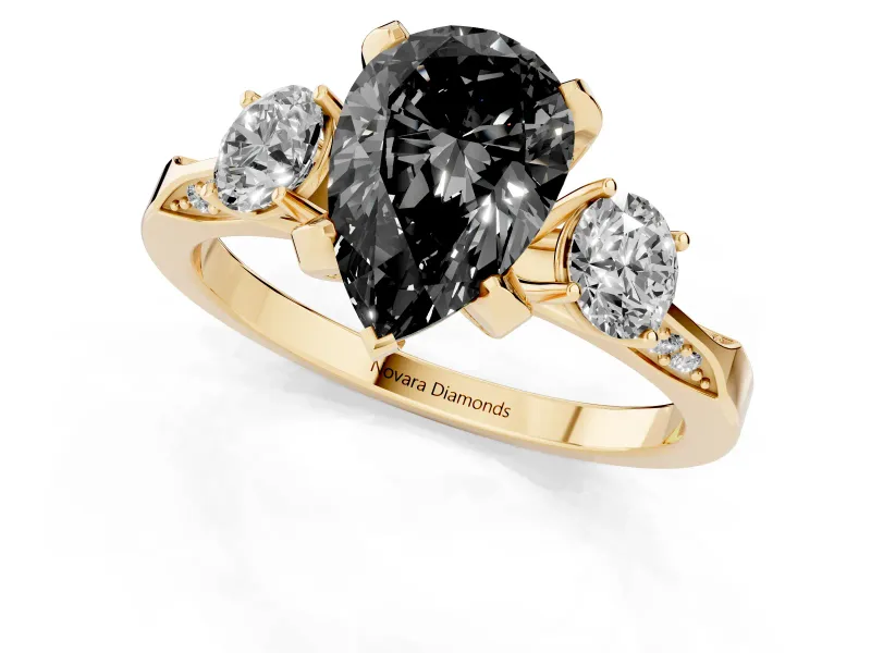 Pear-Shaped Hidden Halo Three Stone Engagement Ring Setting for a Black Center | Yellow Gold