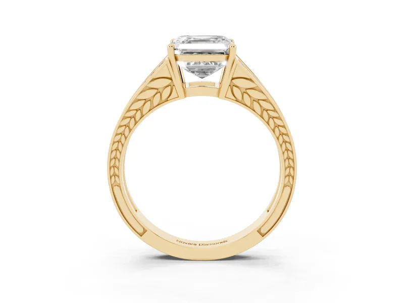 Asscher Cut Diamond Split Shank Ring Set in Yellow gold with Pavé Band and Prong Setting