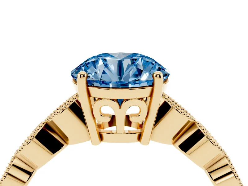 Fancy Blue Round Cut Diamond Solitaire Ring Set in Yellow gold with Infinity Twist Pavé Band