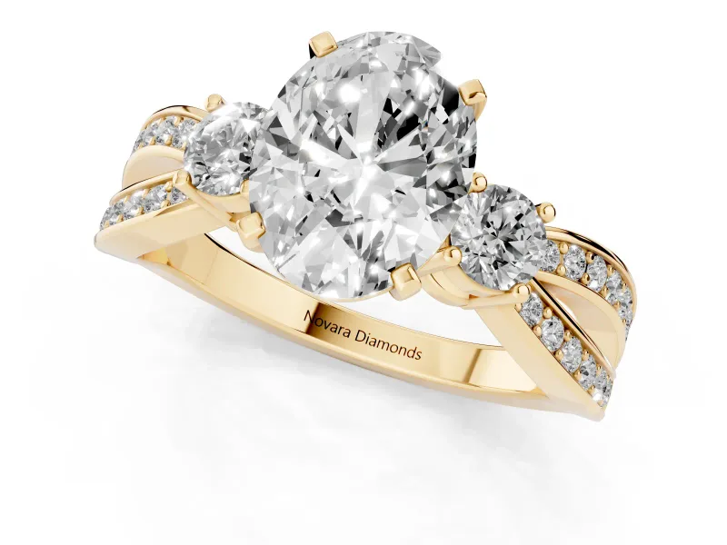 Oval Three-Stone Pavé Twist Engagement Ring Setting | Split Shank | Yellow Gold