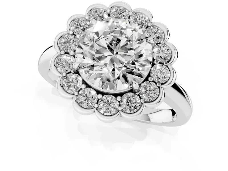 Round Scalloped Cluster Halo Engagement Ring Setting | Plain Band | Sterling Silver
