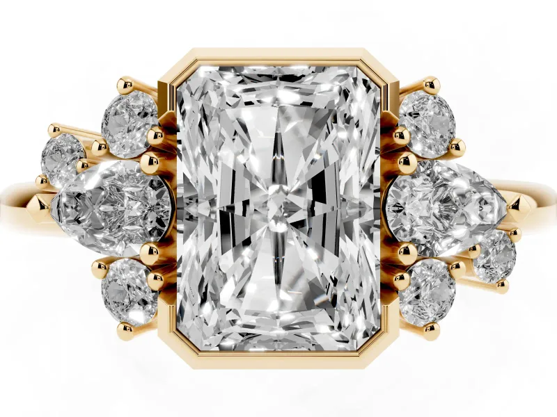 Radiant Cut Pear Side Stone Cluster Engagement Ring Setting | Bezel Frame | Yellow Gold