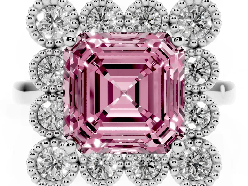 Asscher Cut Milgrain Cluster Halo Engagement Ring Setting for a Fancy Pink Lab-Grown Diamond | Plain Band | Platinum