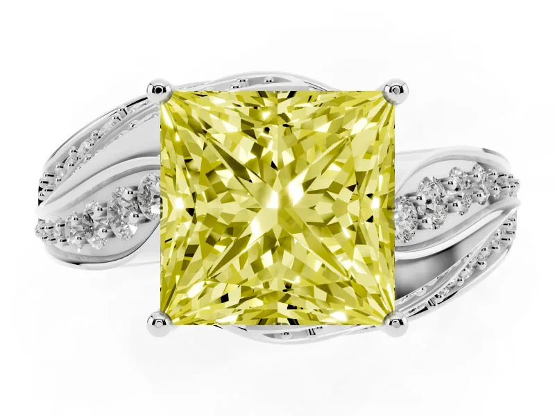 Fancy Yellow Princess Cut Diamond Solitaire Ring Set in White gold with Layered Twist Pavé Band