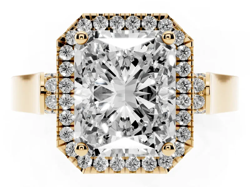 Radiant Cut Halo Engagement Ring Setting | Pavé Panel Shoulders | Yellow Gold