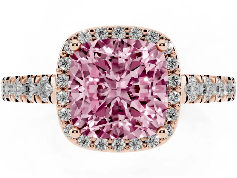 Cushion Cut Halo Pavé Engagement Ring Setting for a Fancy Pink Lab-Grown Diamond | Rose Gold