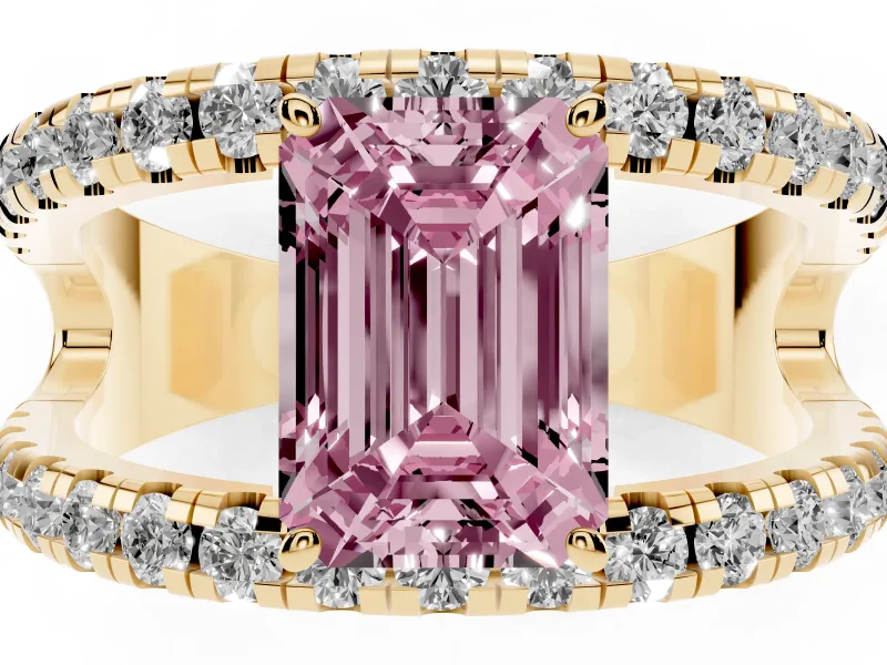 Emerald Cut Split Shank Pavé Engagement Ring Setting for a Fancy Pink Lab-Grown Diamond | Yellow Gold
