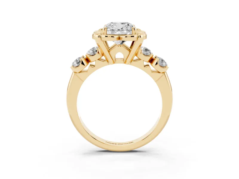 Cushion Cut Floral Engagement Ring Setting | Petal Frame and Side Stones | Yellow Gold