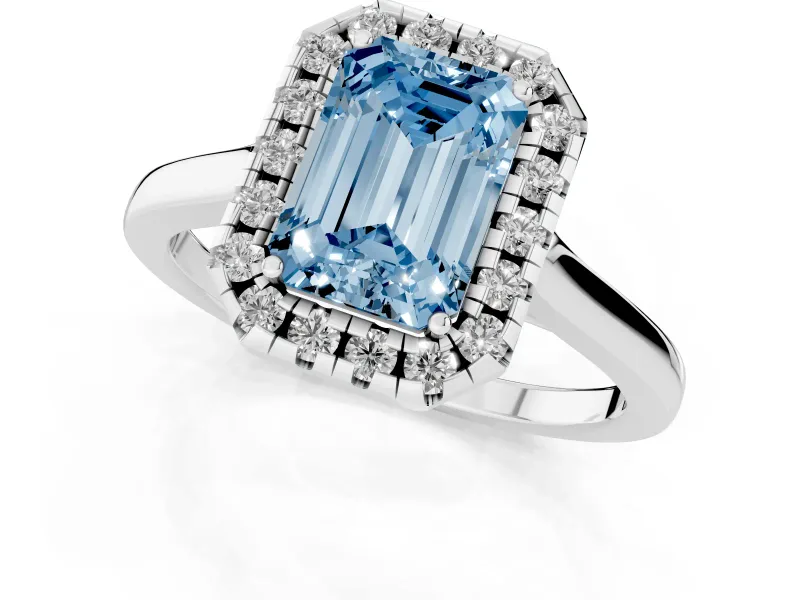 Fancy Blue Emerald Cut Halo Round Diamond Solitaire Ring Set in Silver with Pavé Band and Prong Setting