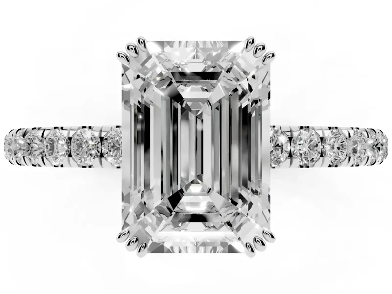 Emerald Cut Pave Solitaire Engagement Ring Setting | Double Claw Prongs | Sterling Silver