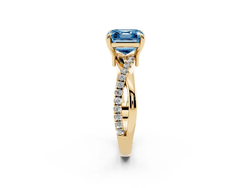 Fancy Blue Asscher Cut Diamond Twist Band Solitaire Set in Yellow gold with Pavé Accents and Prong Setting