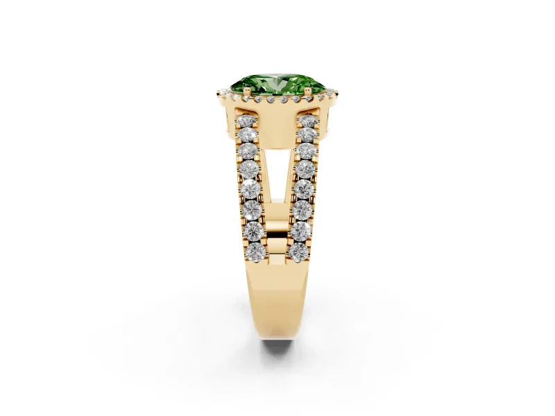Oval Halo Split Shank Engagement Ring Setting for a Fancy Green Lab-Grown Diamond | Yellow Gold