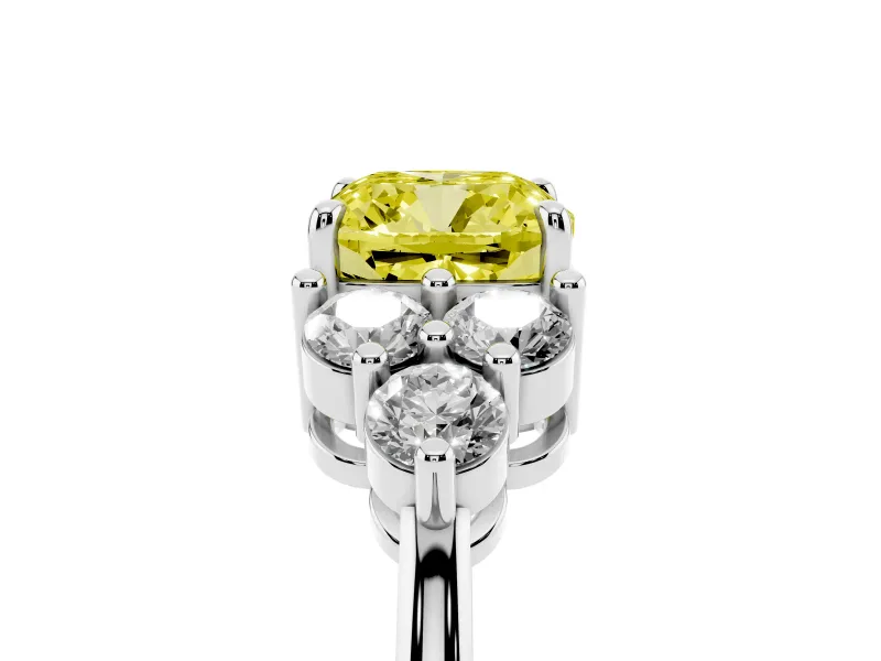 Fancy Yellow Cushion Cut Diamond Solitaire Ring Set in Silver with Cluster Accents on Each Side