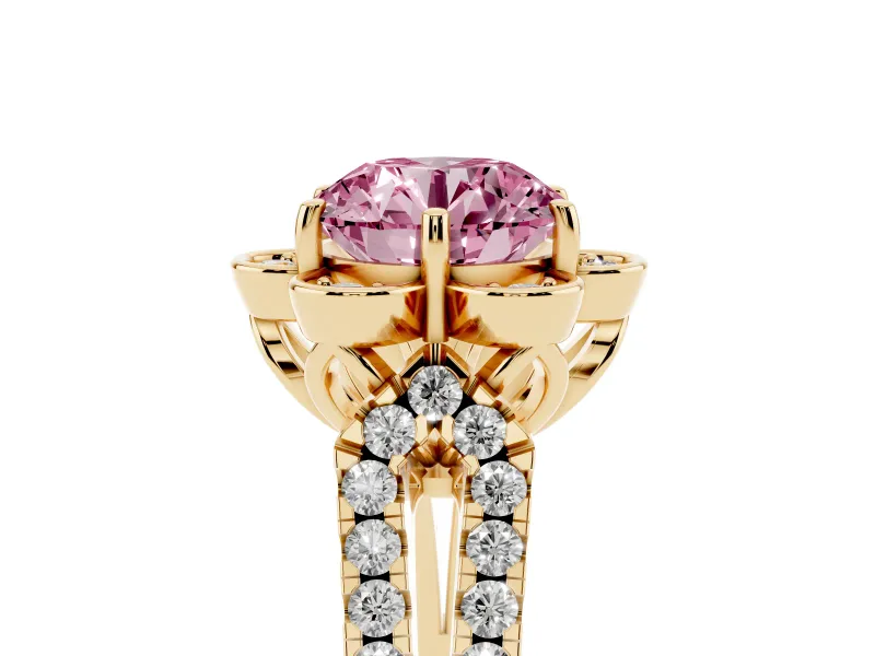 Round Floral Halo Engagement Ring Setting for a Fancy Pink Lab-Grown Diamond | Pavé Split Shank | Yellow Gold