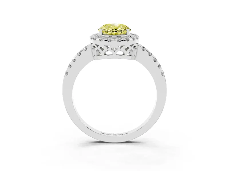 Fancy Yellow Oval Cut Diamond Pavé Band Halo Engagement Ring Set in Platinum with Prong Setting