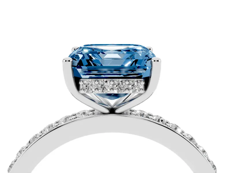 Fancy Blue Asscher Cut Diamond Pavé Band Ring Set in Platinum with Prong-Set Center Stone