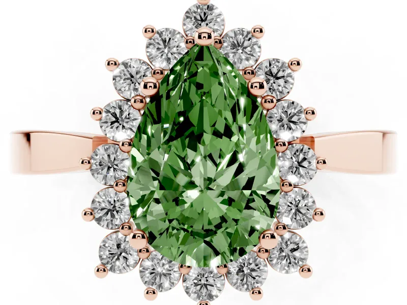Fancy Green Pear Cut Diamond Halo Ring Set in Rose gold with Round Halo and Smooth Solitaire Band