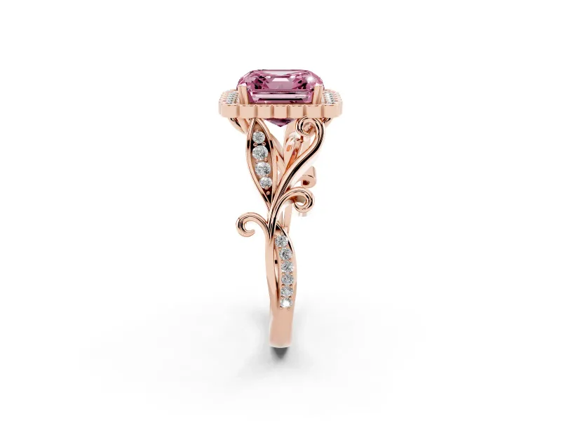 Asscher Cut Leaf Halo Engagement Ring Setting for a Fancy Pink Lab-Grown Diamond | Rose Gold
