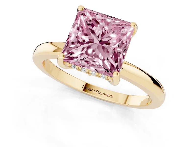 Princess Cut Engagement Ring Setting for a Fancy Pink Lab-Grown Diamond | Hidden Halo | Yellow Gold
