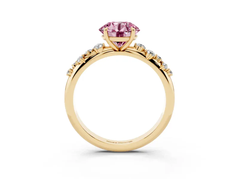 Fancy Pink Round Cut Diamond Cluster Solitaire Ring Set in Yellow gold with Prong Setting