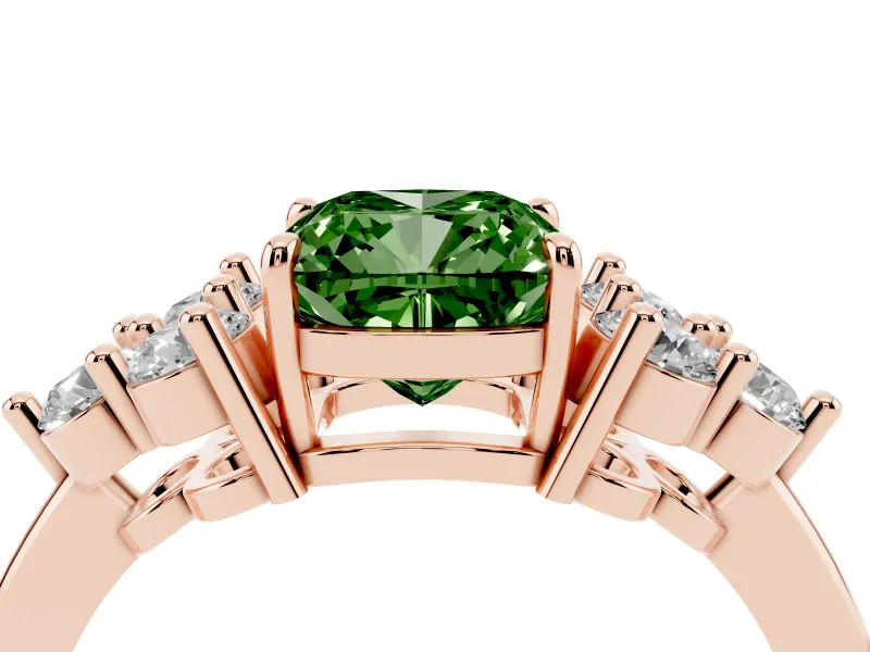 Fancy Green Cushion Cut Diamond Solitaire Ring Set in Rose gold with Cluster Accents on Each Side