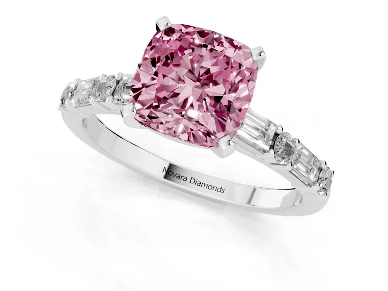 Cushion Cut Baguette Side Stone Engagement Ring Setting for a Fancy Pink Lab-Grown Diamond | Platinum