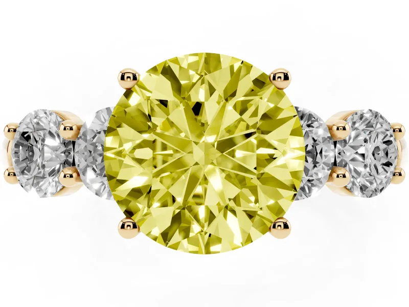 Round Five Stone Engagement Ring Setting for a Fancy Yellow Lab-Grown Diamond | Prong Set Side Stones | Yellow Gold
