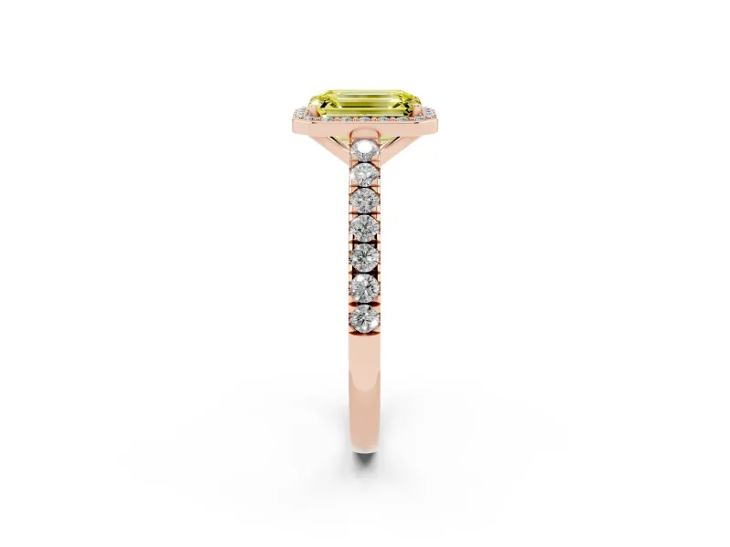 Fancy Yellow Emerald Cut Diamond Halo Engagement Ring Set in Rose gold with Pavé Band and Prong Setting